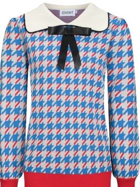 OXknit bird pliers vintage Blue & Red Houndstooth Sweater NWT puff sleeves